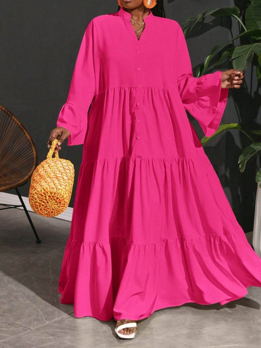 Hot Pink Cute Women's Plus Size Vacation Casual Loose Woven A-Line Shirt Dress